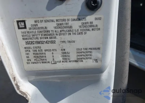 2002 Chevrolet Silverado 1500 from USA, damaged, VIN 2GCEC19W321421602